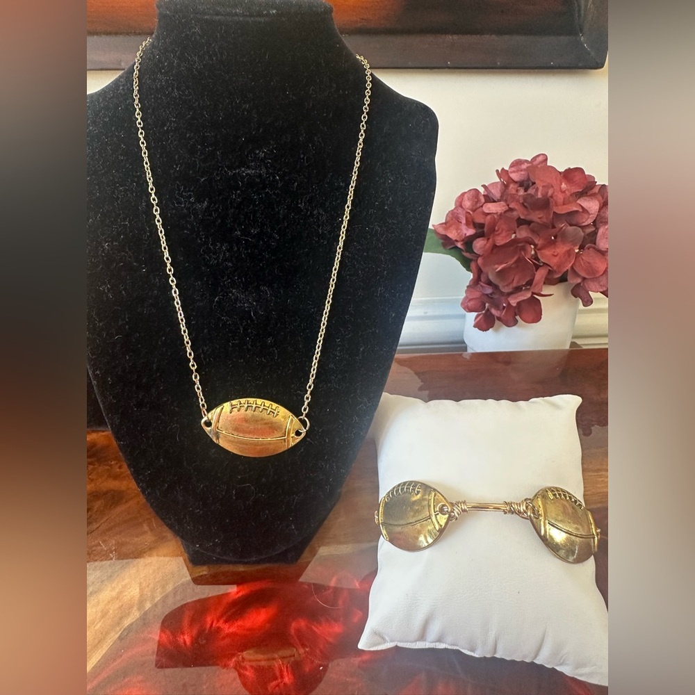 Women’s Gold Tone Football Charm Necklace & Bracelet Set